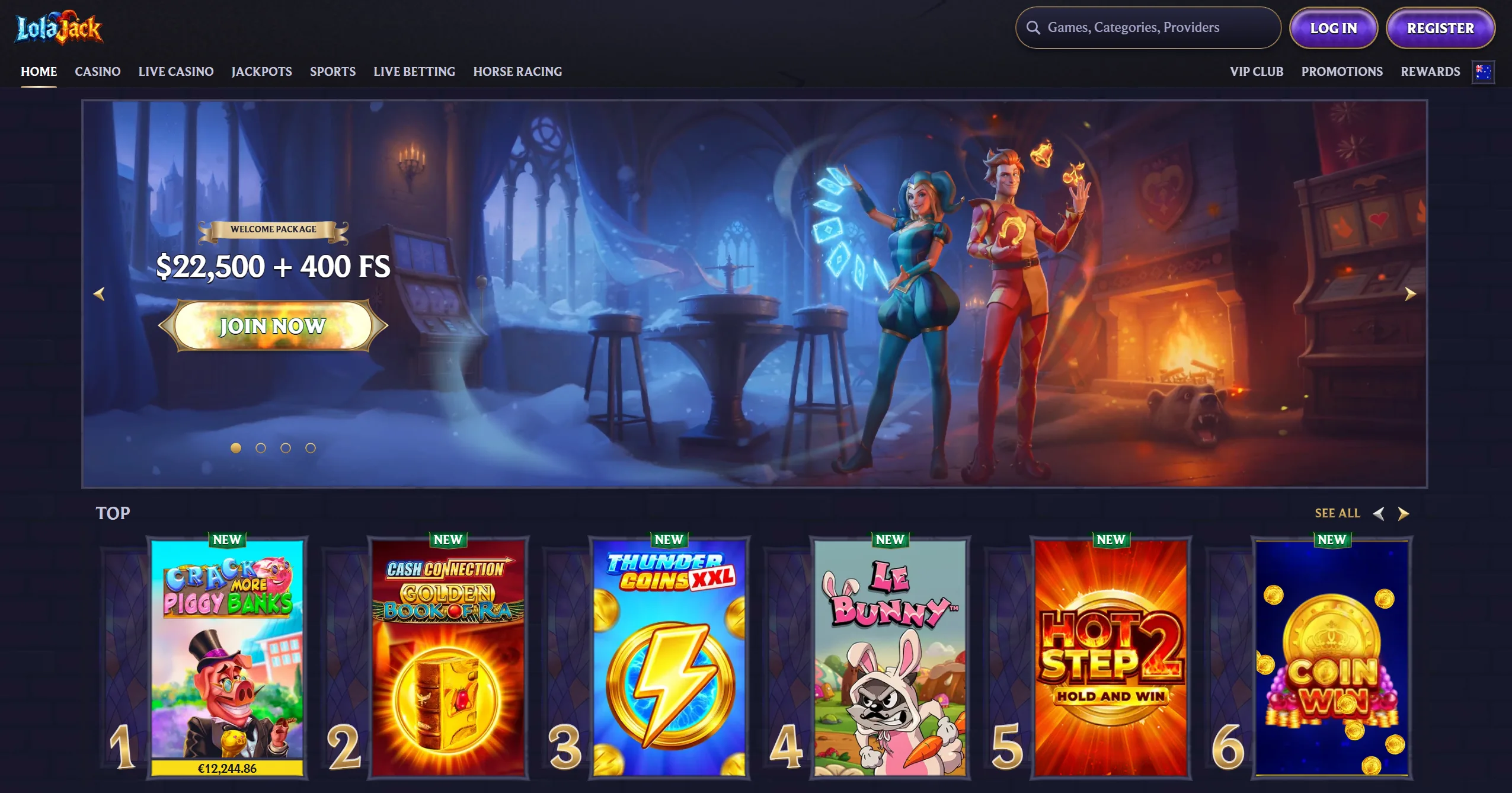 LolaJack frontpage with big welcome bonus and top online pokies